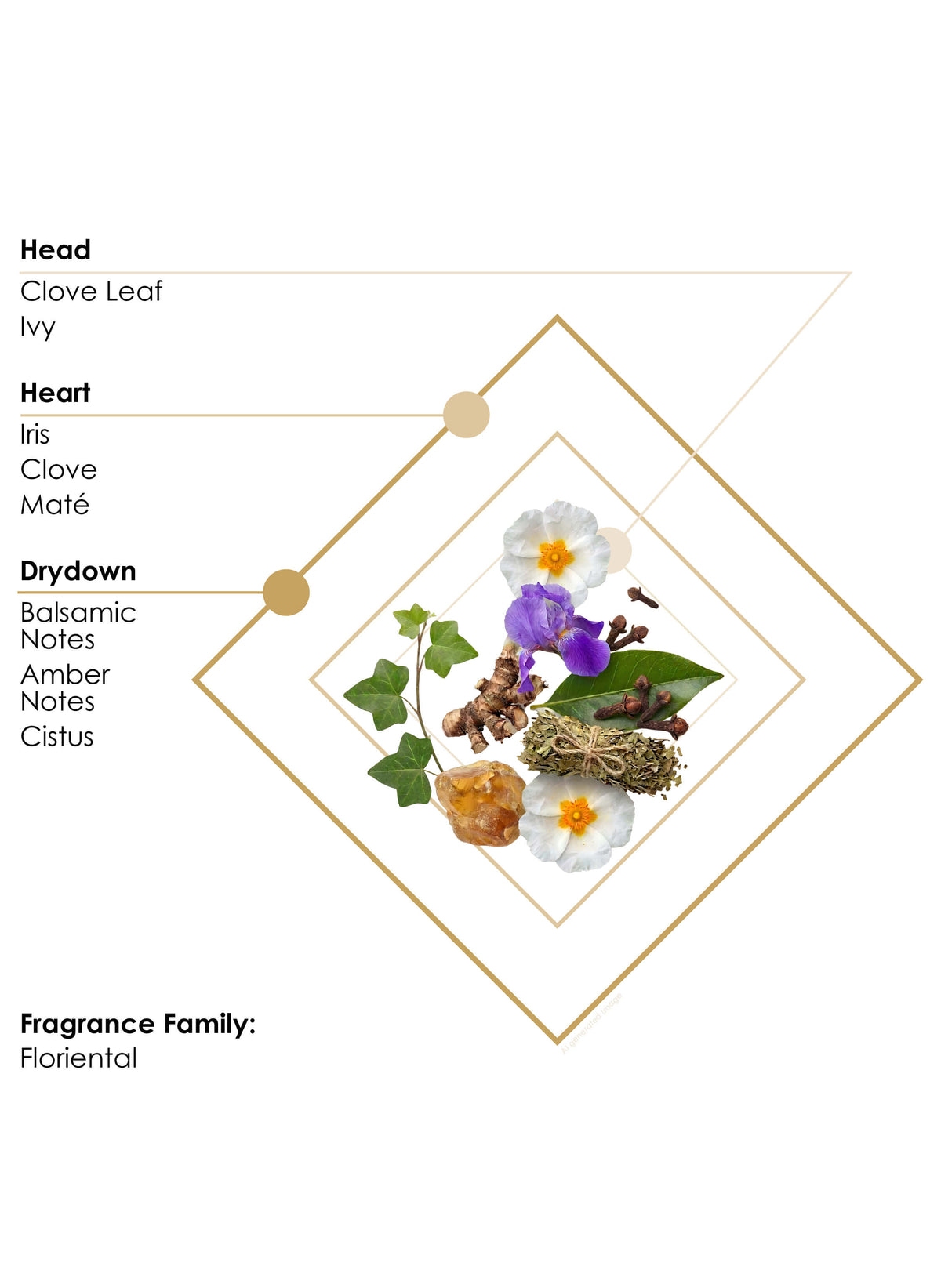 Ertá Alé 1 Azya fragrance pyramid: clove leaf, ivy, iris, maté, amber, cistus