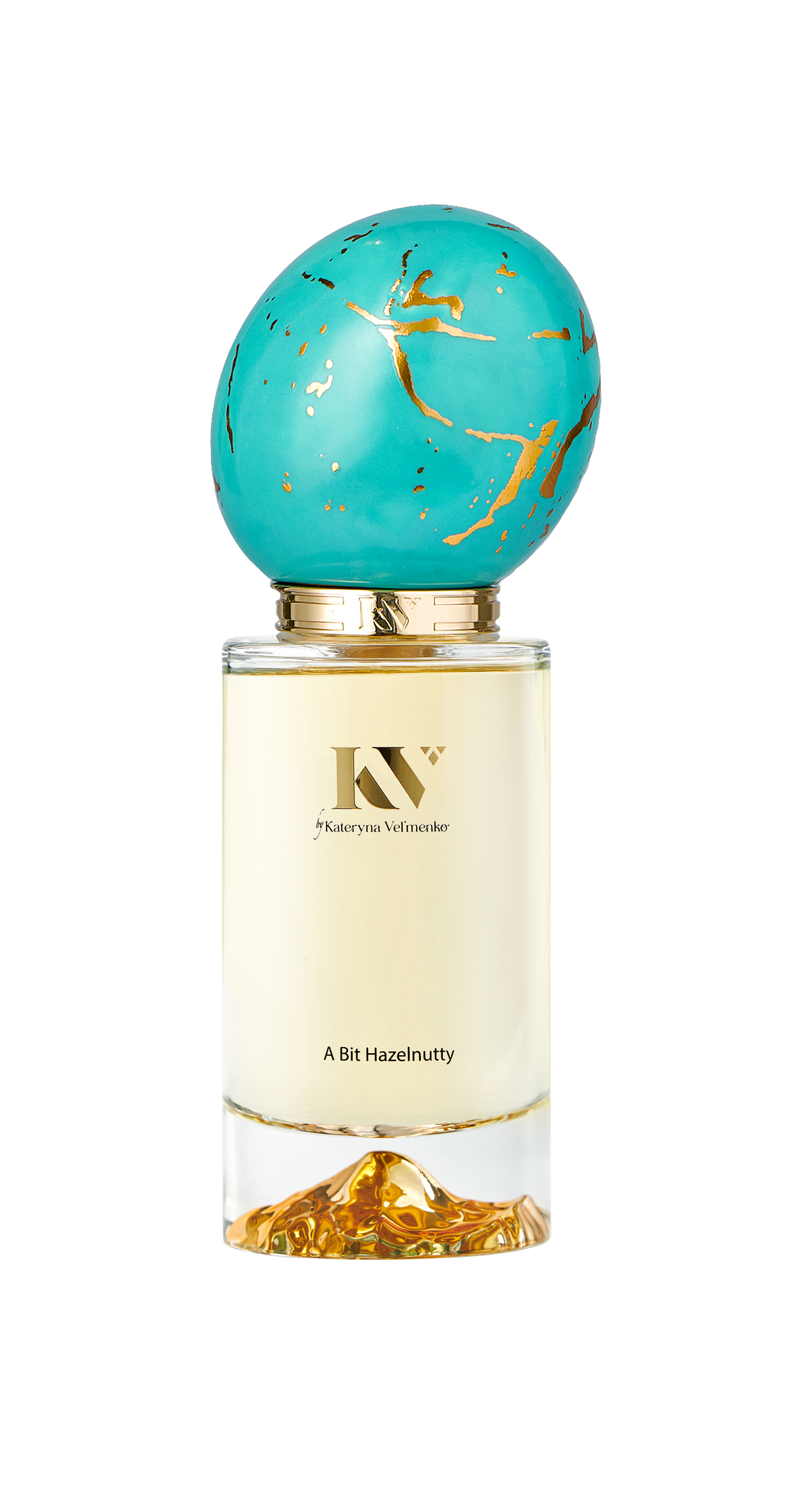 Cream perfume bottle with teal, gold-speckled globe cap and decorative gold base
