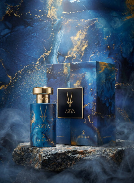 Ertá Alé 2 Azya Extrait de Parfum on volcanic rock with smoke