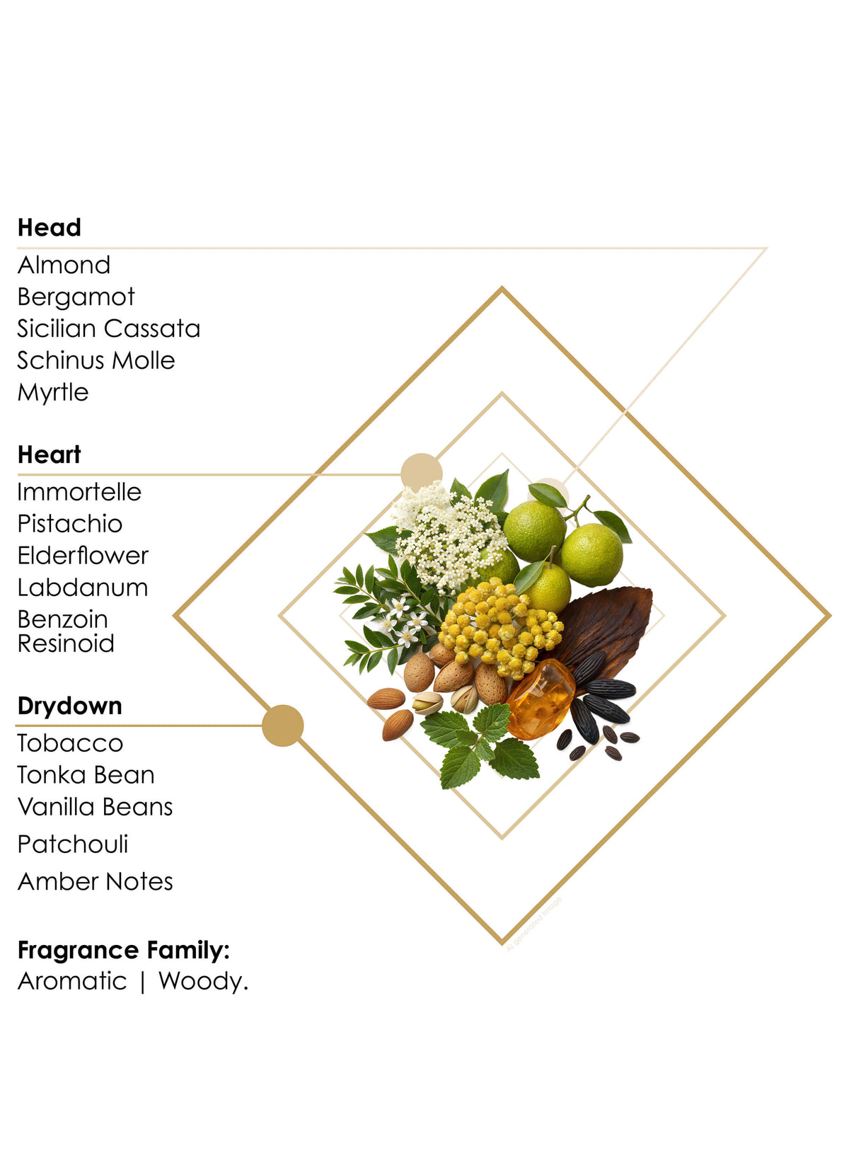Ertá Alé 3 Azya fragrance pyramid: almond, immortelle, pistachio, tobacco, tonka bean, vanilla